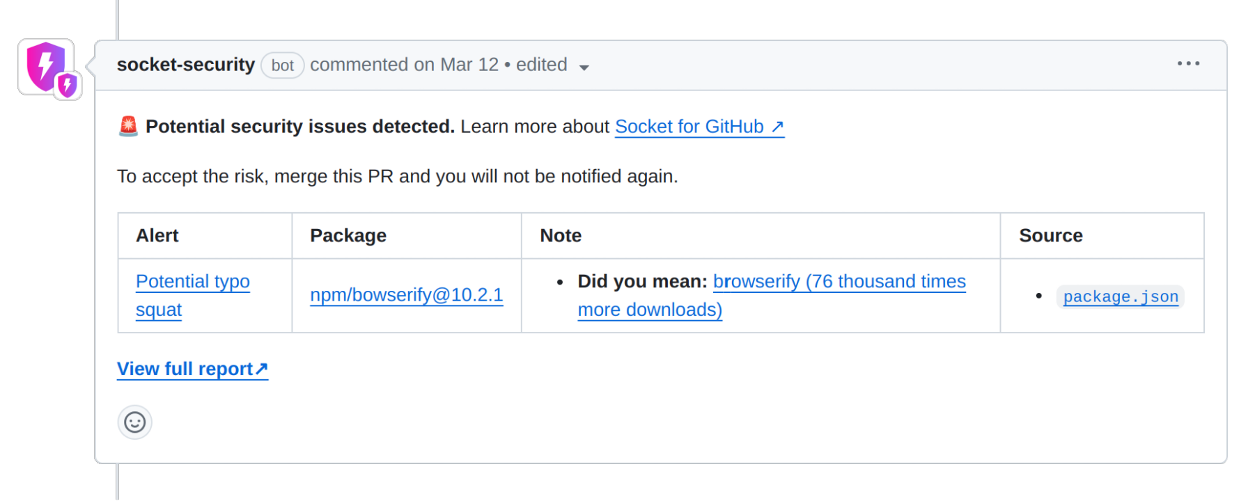 Screenshot of Socket for Github